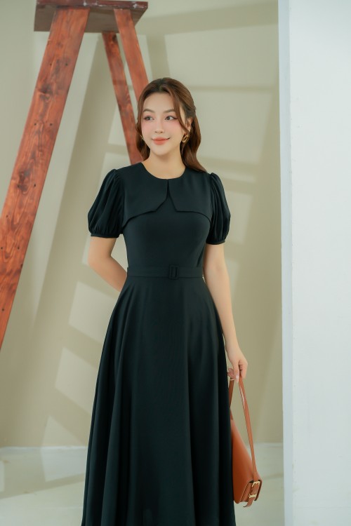 Sixdo Black Short Sleeves Midi Silk Dress